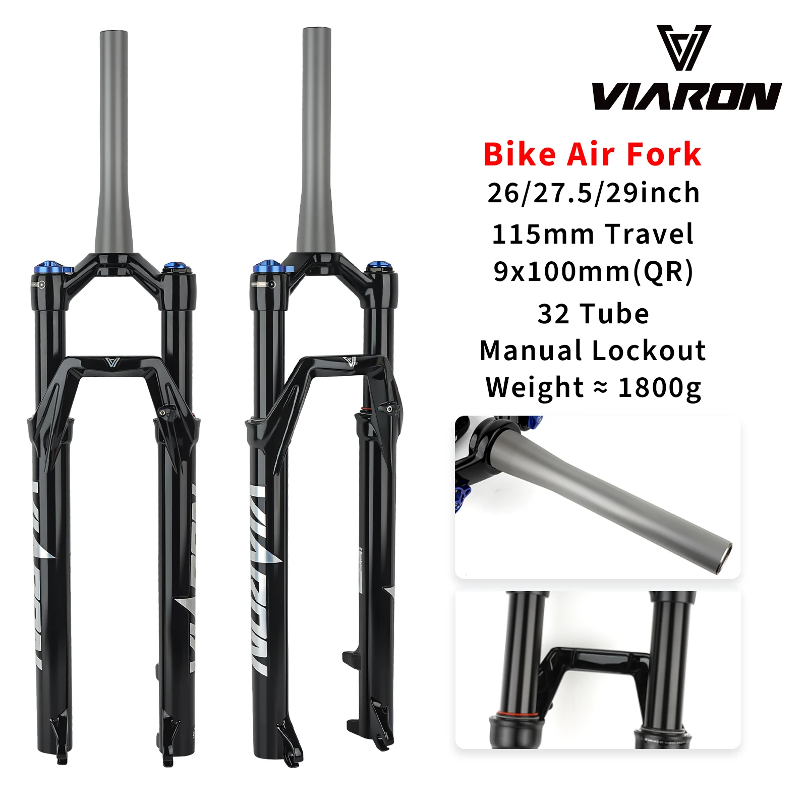 BOLANY Air Fork 26/27.5/29 Inch Mountain Bicycle Tapered Tube Suspension Fork Travel 115mm Rebound 9x100mm Quick Release MTB