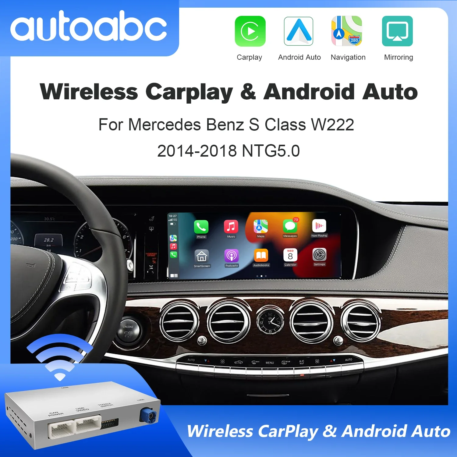 CarPlay Android Auto اللاسلكي لسيارة Mercedes Benz S-Class NTG5.0 W222 W217 2014-2018 مع دعم وظائف الكاميرا وصلة المرآة