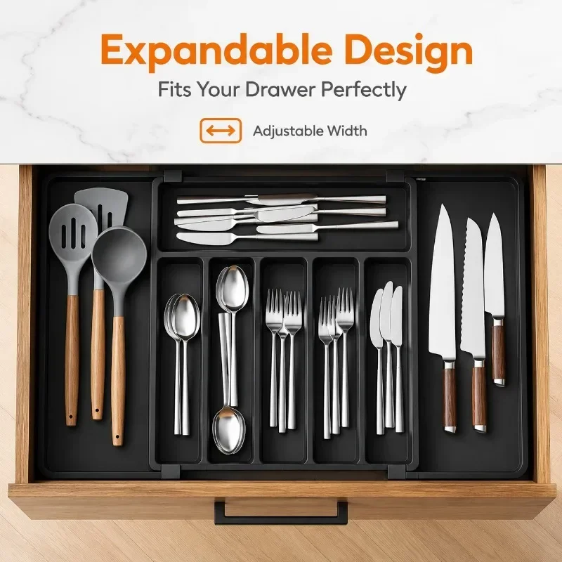 1 Pcs Expandable Cutlery Drawer Organizer Adjustable Storage Tray Divider for Kitchen Knives Spoons Tableware Space Saving Black