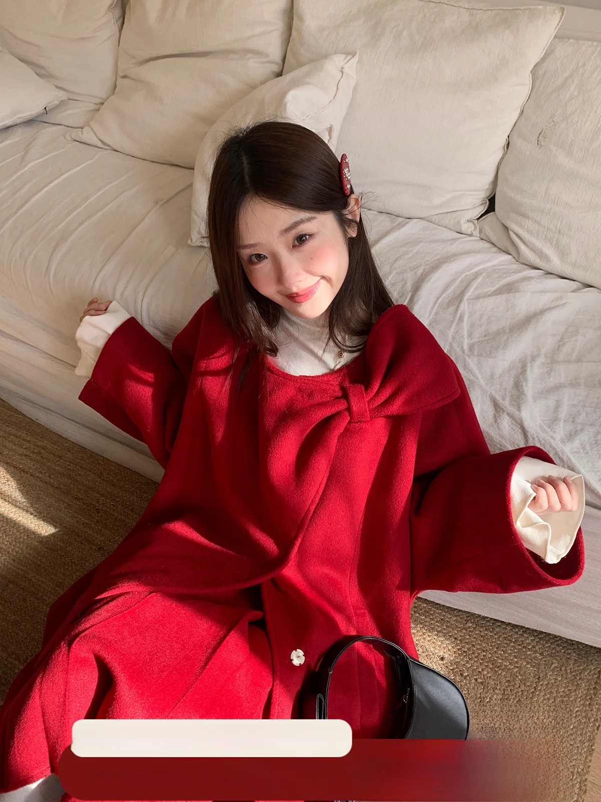 

Cheese Day New Year Atmosphere Big Red Woolen Coat Women Winter Beautiful Design Half Skirt Set Vintage Style Long Sleeve rou...