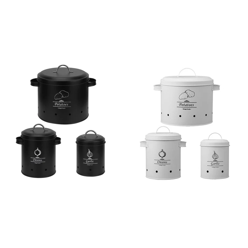 Set di secchielli portaoggetti in metallo AA21-3 pezzi con sistema di ventilazione a 360 gradi Scatola portaoggetti multiuso per patate all'aglio di grande capacità