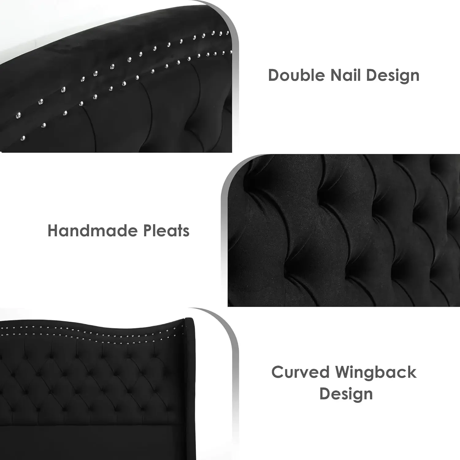Queen Bed Frame, 55" Headboard Upholstered Bed with Tall Footbaord, Velvet Handmade Pleats Deep Button Tufted Wingback P