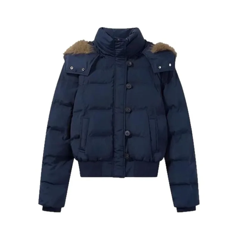 New Women Cropped Faux Fur Hood Puffer Jacket Toggle Button Zipper Closure Sweet Street Style Parkas Casual Winter Outerwear