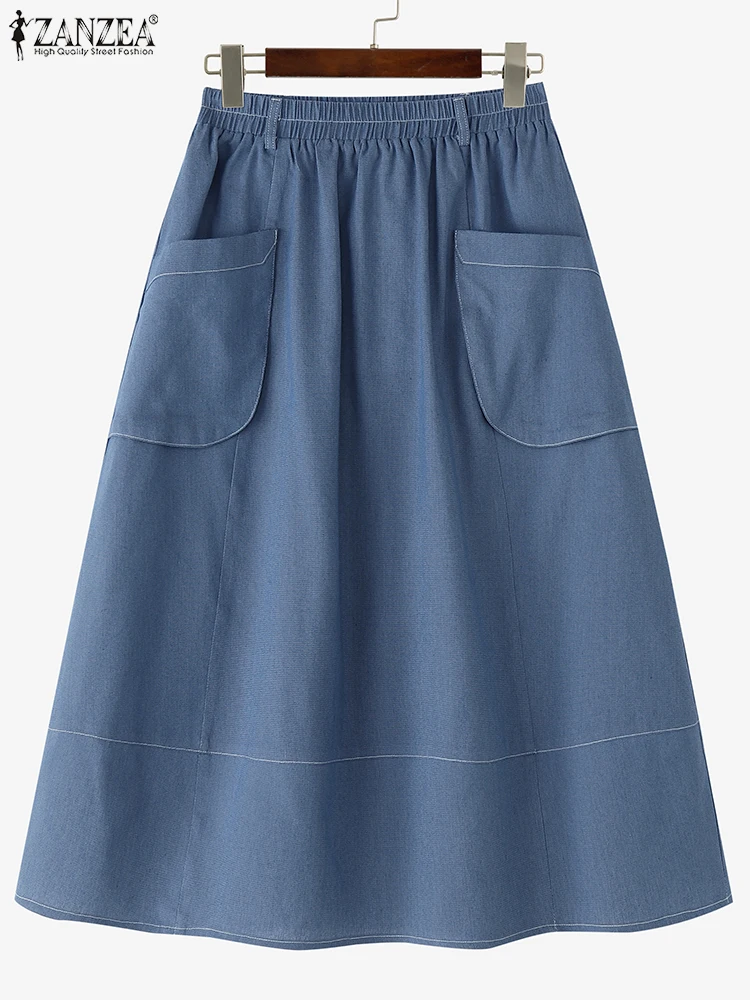 

ZANZEA Women Summer Denim Skirts 2025 Vintage High Waist Pockets Solid Color Long Skirts Fashion Casual Loose A-Line Bottoms