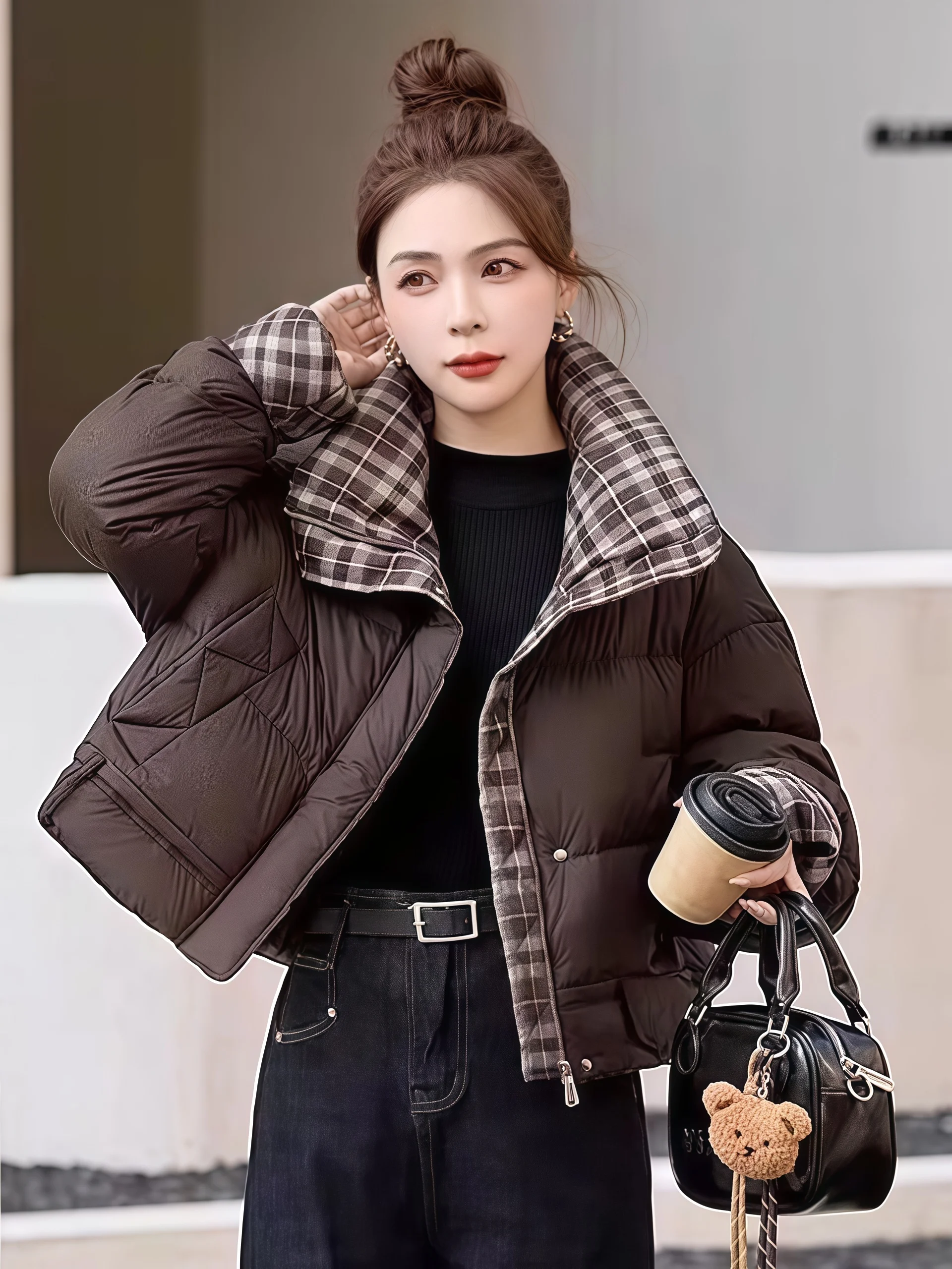 

Sli ort Puffer Jaet Women's Cotton down Coat Thi Bread Sle Winter Outerwear Korean Loose Fit Plaid Splicing