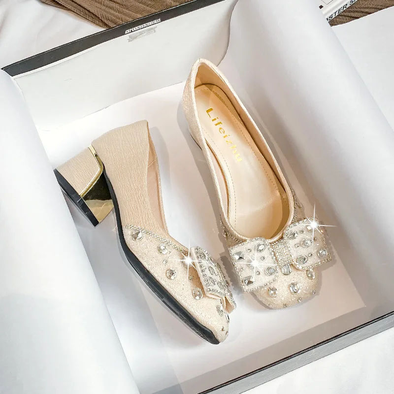 Fairy Diamond Chunky Heels Women's 2024 New Spring Autumn Medium Heel Evening Shoes Large Size Women's Shoes 4143