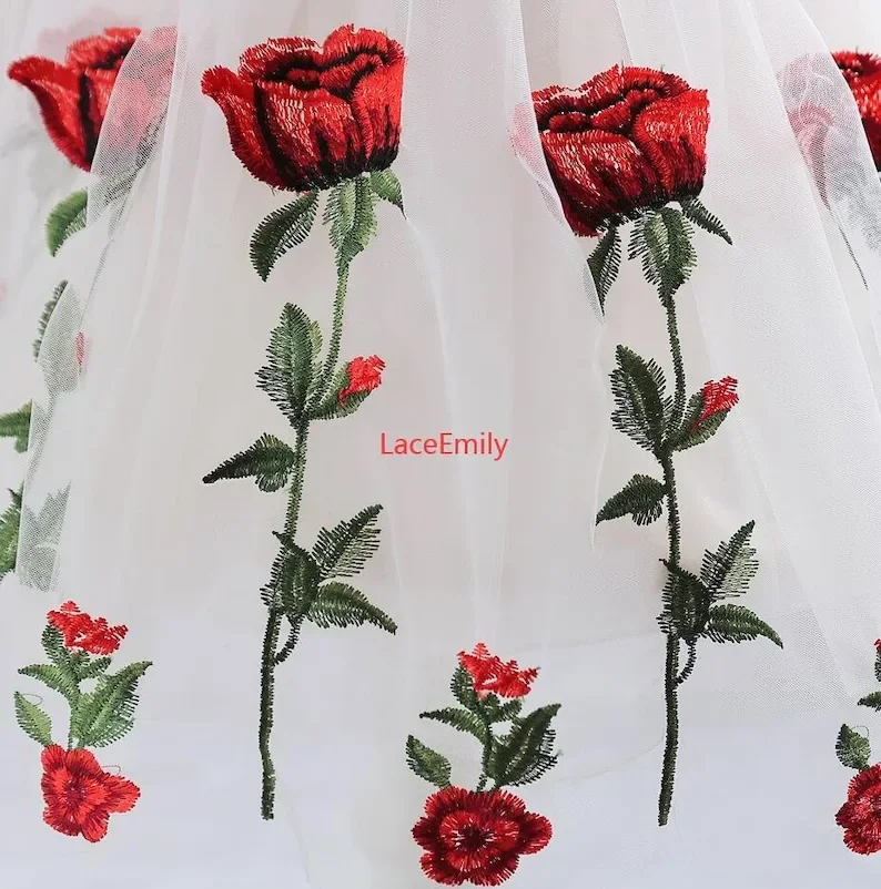Red Rose Lace Fabric flower embroidery Soft Black white Tulle Fabric For Wedding Dress Bridal Veil Tutu dress Baby Dress 1 yard