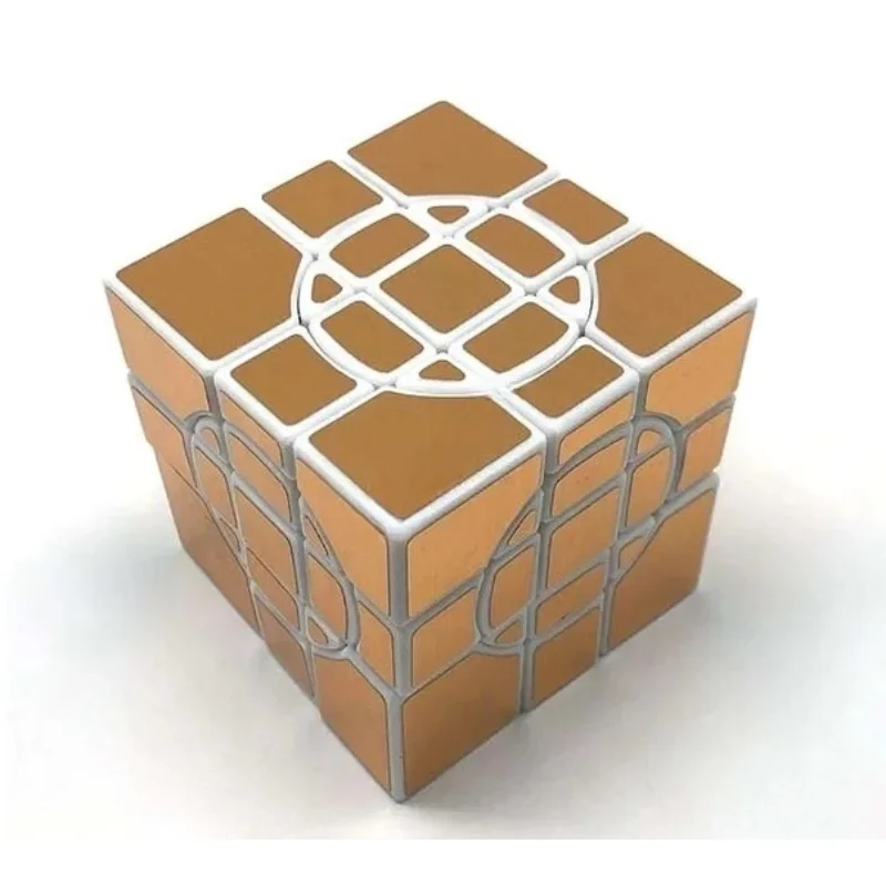 Crazy Mirror 3x3x3 Cube Calvin\'s Puzzle 3x3 Cube (4 Circles, Free Turning) White Body with Gold Label Mod Cast Coated Magic Cube