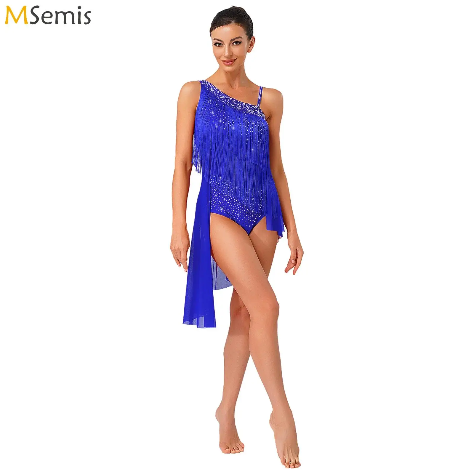 Womens Latin Tango Tassel Dance Performance Costume Glitter Rhinestones Gymnastics Figure Skating Ballet Leotard Dress Dancewear
