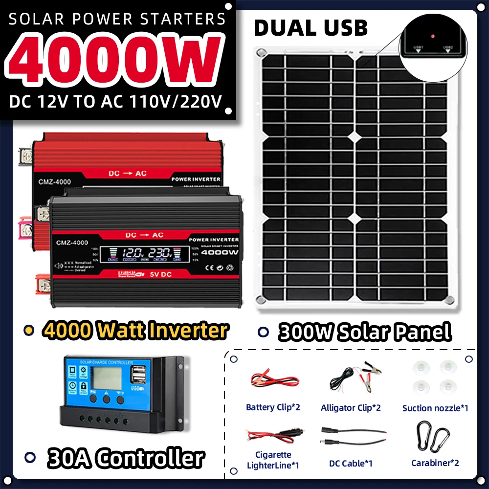 Solar System Power Generation Combo 4000w Inverter 300w Solar Panel 30a Controller 12v-220v110v Camping Emergency Power Supply