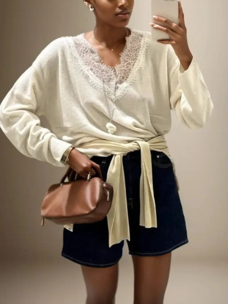 

Autumn Casual V-neck Sweater Women Pullovers 2025 New Women's Fashion Knitted Blended Lace Sweater Female Tops Pullover