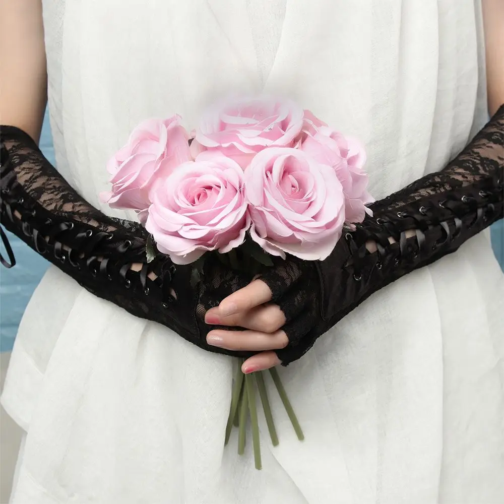 1 Pair Women Fingerless Party Cosplay Ritual Dance Halloween Gloves Lace Gloves Punk Gothic Mittens Silk Ribbon