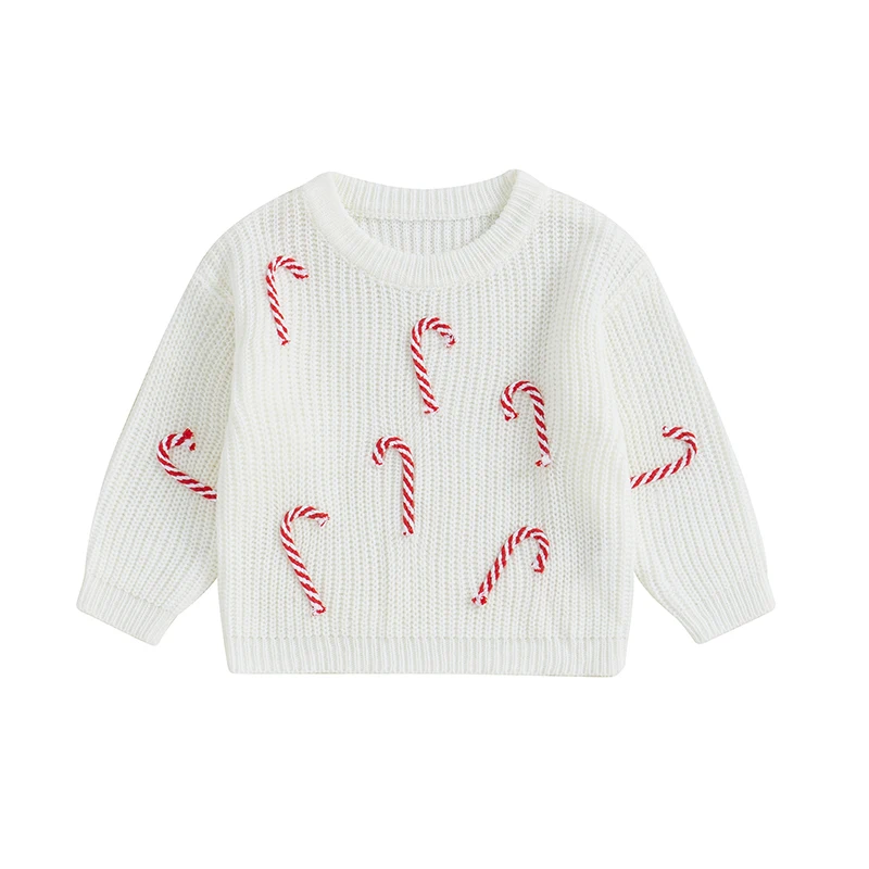 Newborn Girl Christmas Sweater Casual Candy Cane Warm Knitted Long Sleeve Pullover Infant Knitwear for Toddler