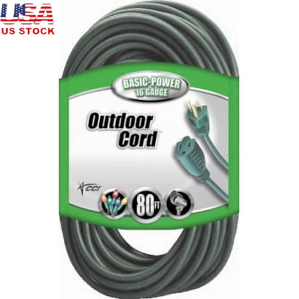 

80ft Outdoor Extension Cord Heavy Duty Flexible Vinyl 3 Outlet Power Block Weatherproof Tangle Free Garden Yard Tools