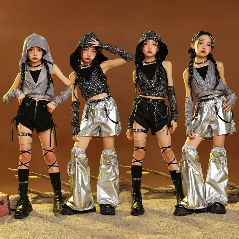 Children Wasteland Sequin Crop Top Street Dance Shorts Girls Hoodie Hip Hop Jazz Silver Pants Clothes Sets Streetwear Costumes