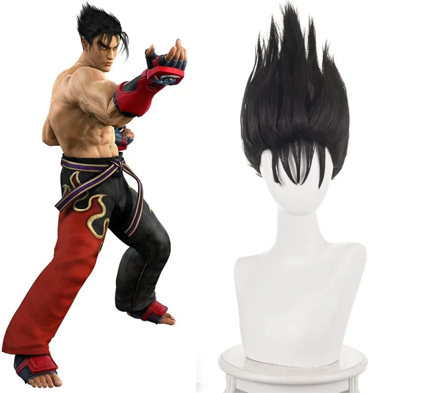 Tek Ken Jin Kazama Cosplay Kostuum Hoofddeksels Prop Pruik Zwart Kort Haar