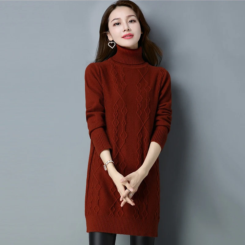 Thicken Turtleneck Mid-length Sweater Women Winter Add Velvet Slim Knit Tops Korean Ribb Pullover Warm Knitwear Bottomed Jersey