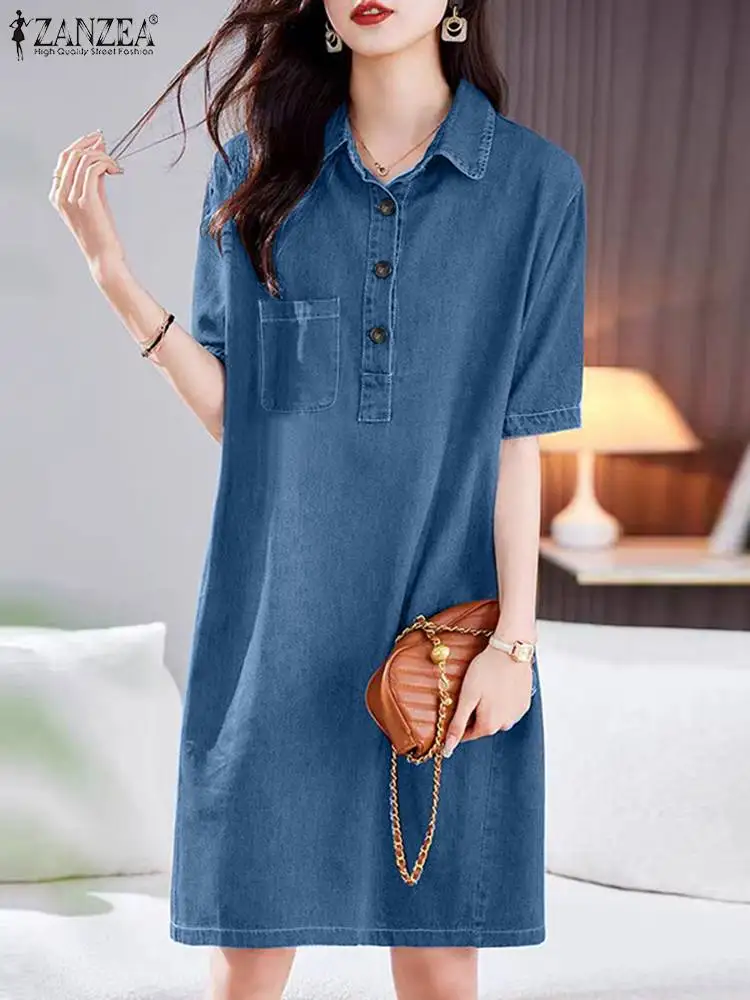 ZANZEA-Robe Chemise en Denim Bleu pour Femme, Mini Robe Vintage à la Mode, Manches Courtes, Poches, Robe Décontractée, Col à Revers, Été 2024