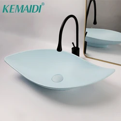 KEMAIDI Bathroom Basin Sink Set Blue Vessel Sink Deck Mounted Vanity Top Sink with One Handle Counter Top Sink Faucet Combo