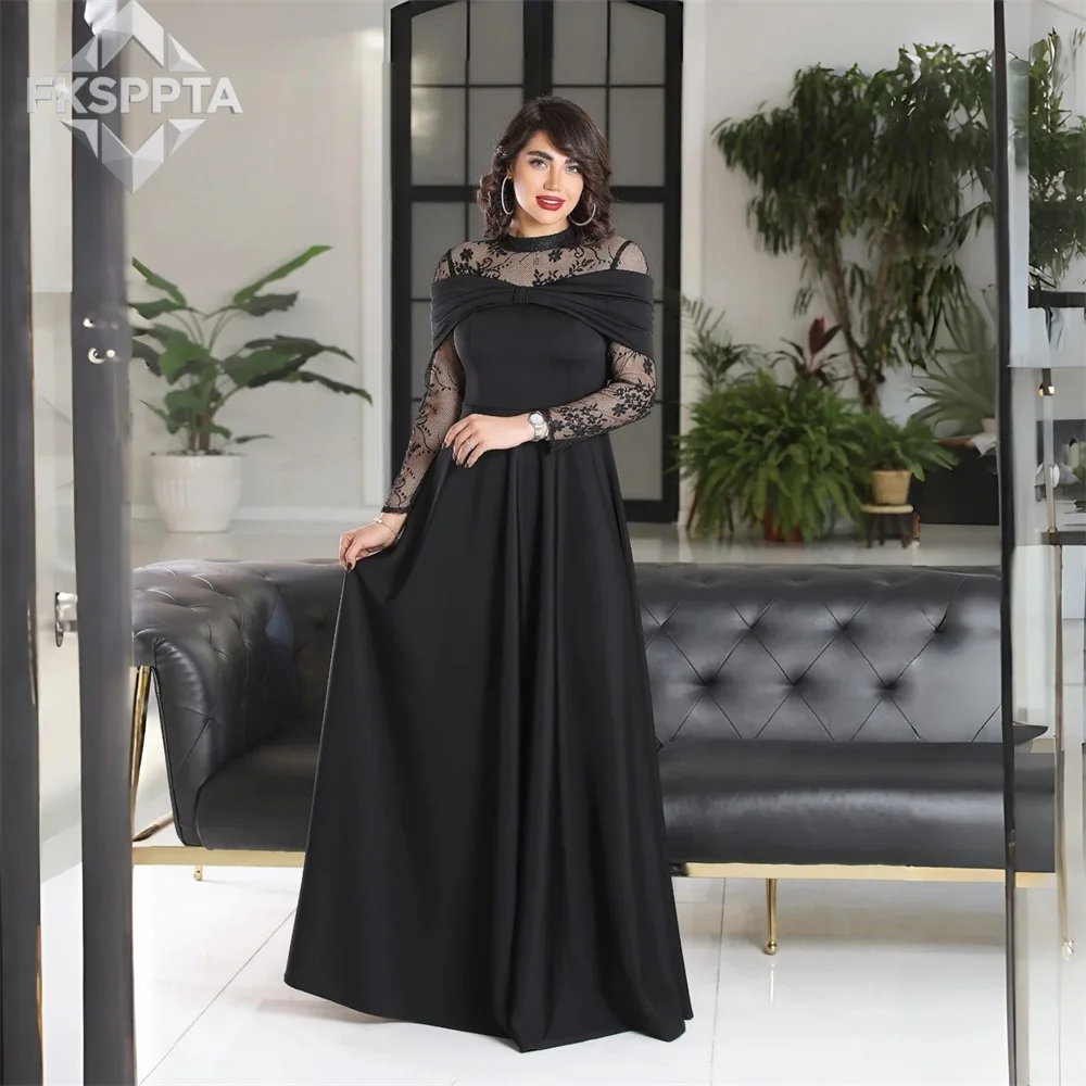 Vestido de noche largo negro elegante con encaje y mangas completas, corte en A, largo hasta el suelo, 2026, vestidos formales para mujer para fiesta, baratos