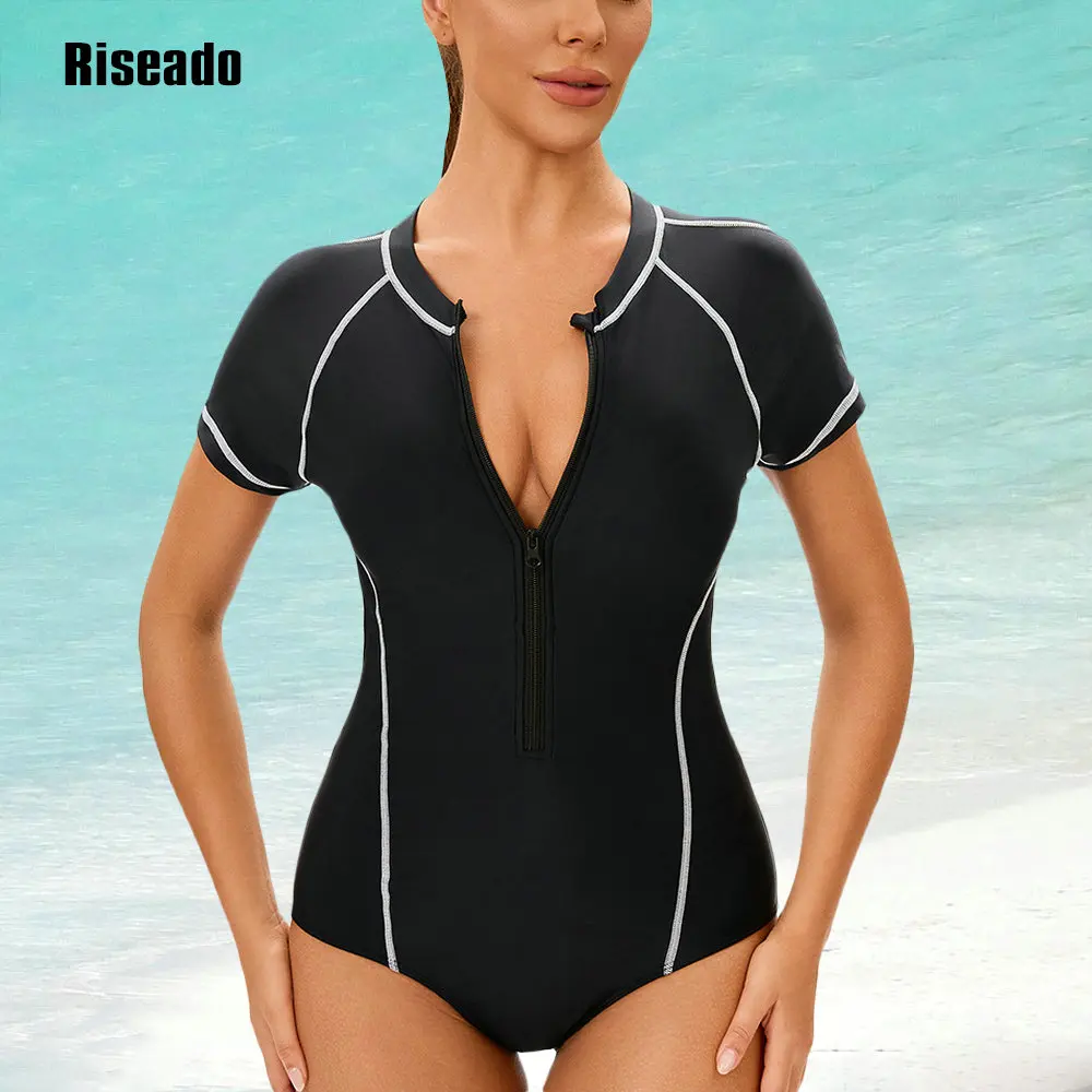 

4 Colors Women's One Piece Swimsuits Short Sleeve Rash Guard UV Protection Surfing Swimsuit Bathing Suit