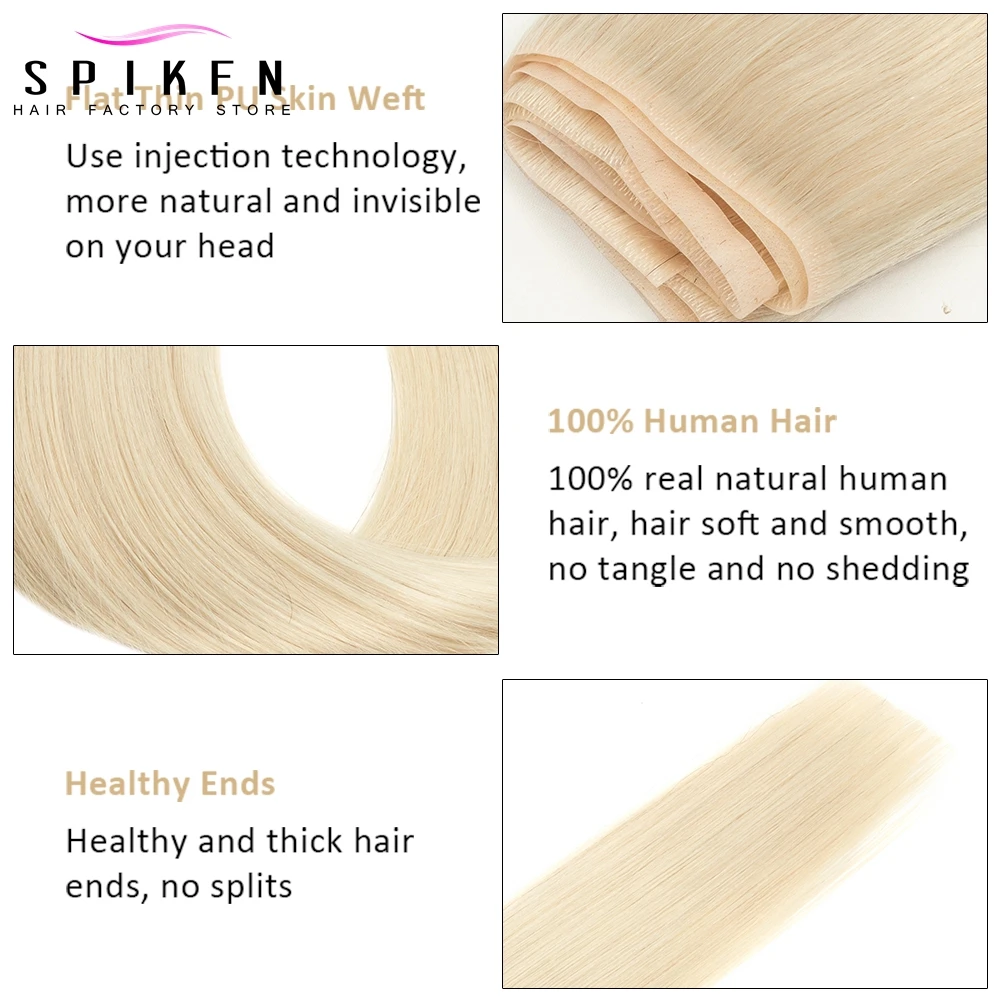 SPIKFN extensiones de cabello de trama de Cinta Larga, cabello humano de trama de piel de PU delgada, extensiones de cabello Natural recto Invisible, paquete sin pegamento, 12 "-22"