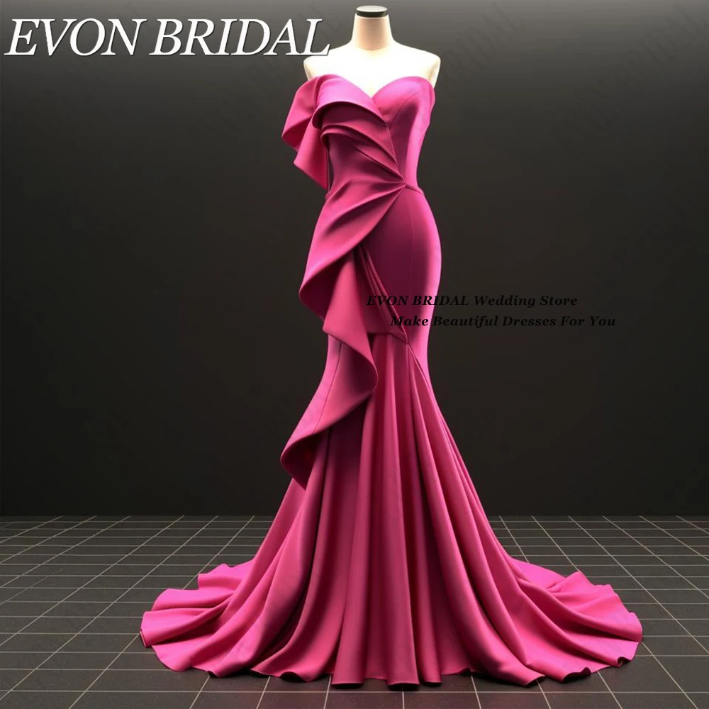 

EVON BRIDAL Strapless Evening Dresses 2024 Fuschia Satin Prom Party Gowns Backless Sweep Train vestidos de fiesta Custom Made