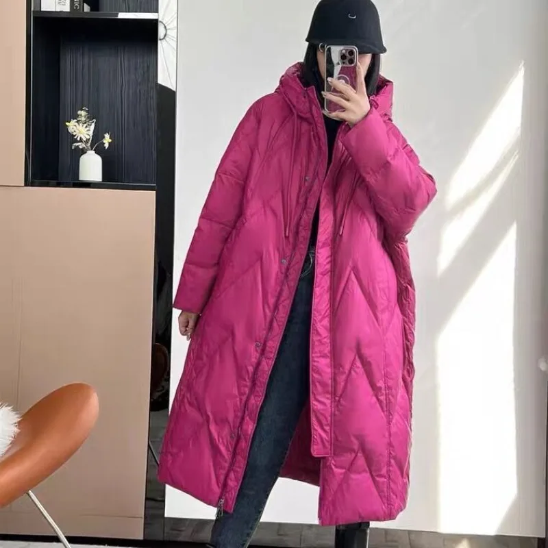 

2023 Winter Overcoat Hoodie Commuter Literature Art Loose Plus Size Thick White Duck Down Retro Long Knee Down Jacket