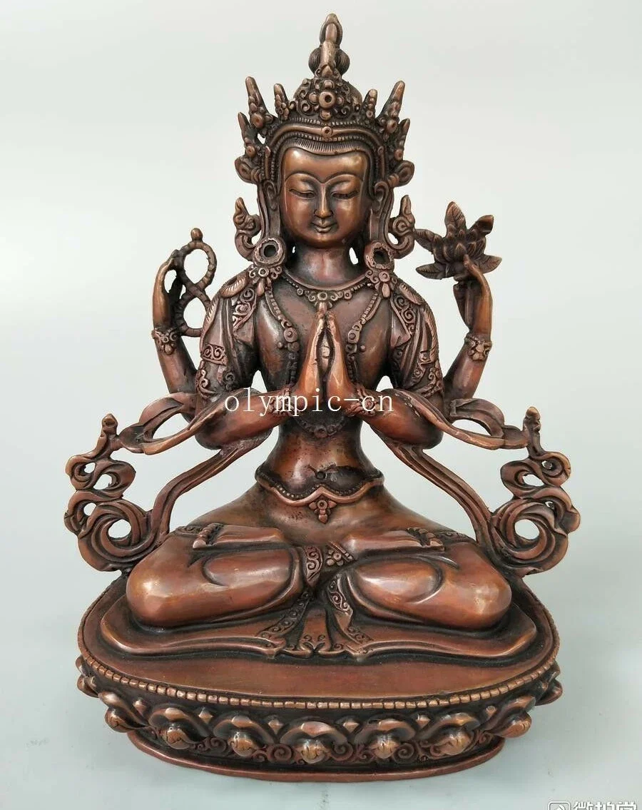 

8'' bronze gild carved buddhism Shadakshari Avalokitesvara Four-armed Gwan Yin