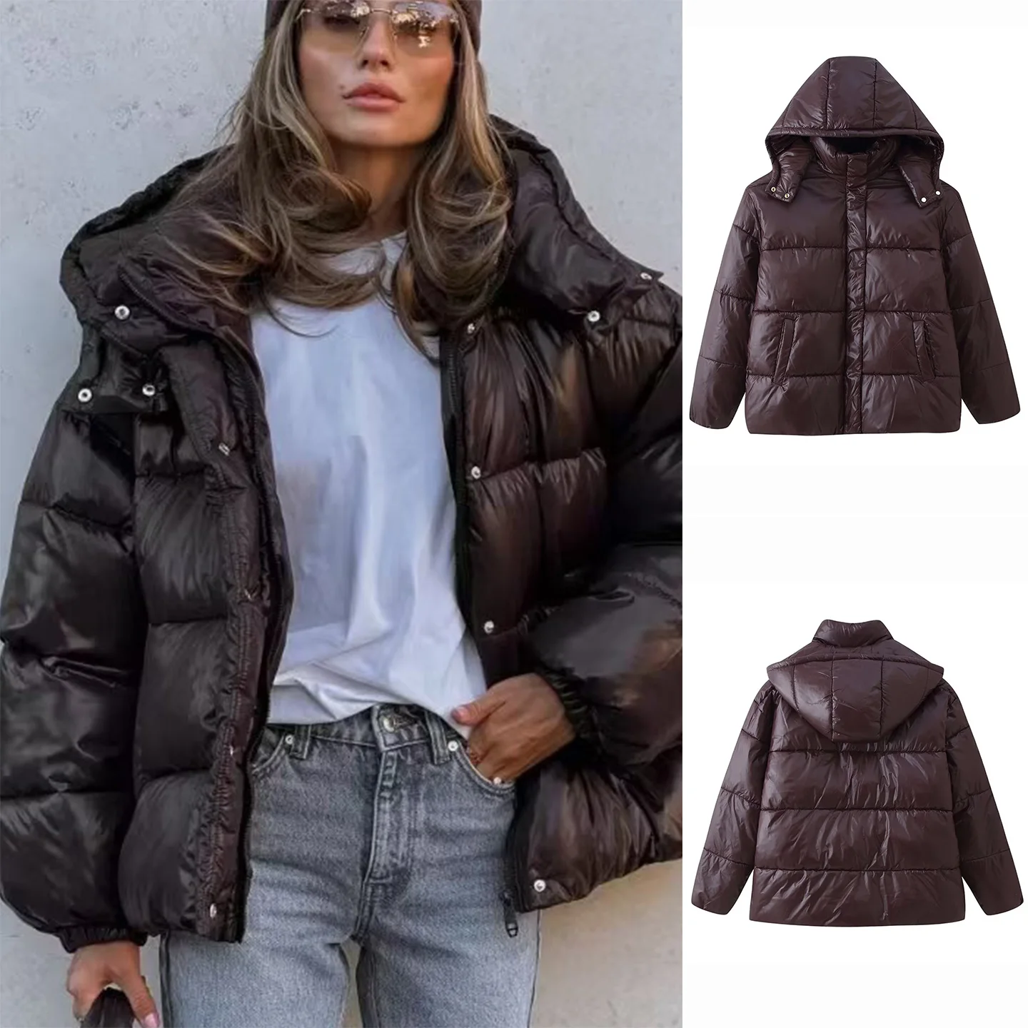 

Winter New Women's Loose Fit Zipper Long Sve Hooded iny Bread Coat Cotton Jaet Outerwear Straight Sle Commute Faion