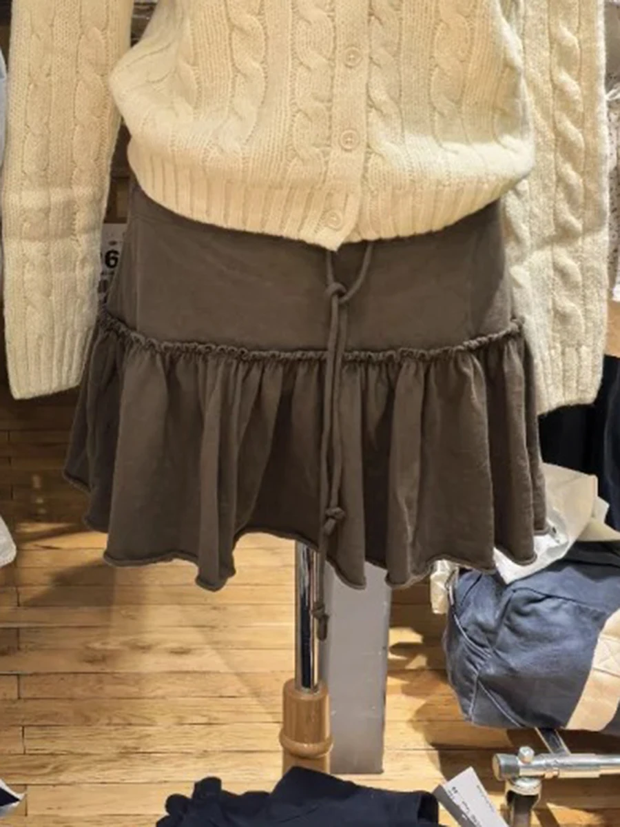 Retro Brown Lace-up Ballet Skirt Woman Summer Casual Elastic Waist Cotton Sports Skirts Sweet Cute All-match A-line Short Faldas