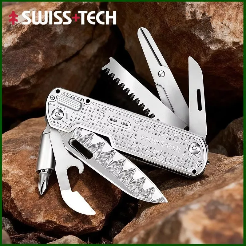 

SWISS TECH Mini Multitool Knife with Damascus Blade EDC Multi-tool Portable Outdoor Camping Survival Tool