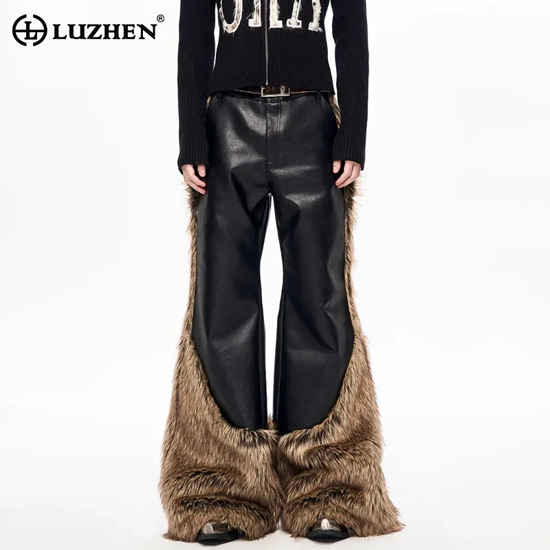 

LUZHEN 2025 новые зимние стильные уличные стильные брюки из искусственного меха в стиле пэчворк, широкие кожаные брюки, мужские красивые брюки JY5210
