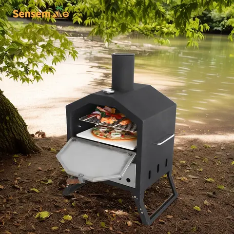 Portable Wood Fired Pizza Oven Outdoor with 12" Stone & Thermometer, Folding Legs Stainless Steel Camping BBQ Maker for Backyard