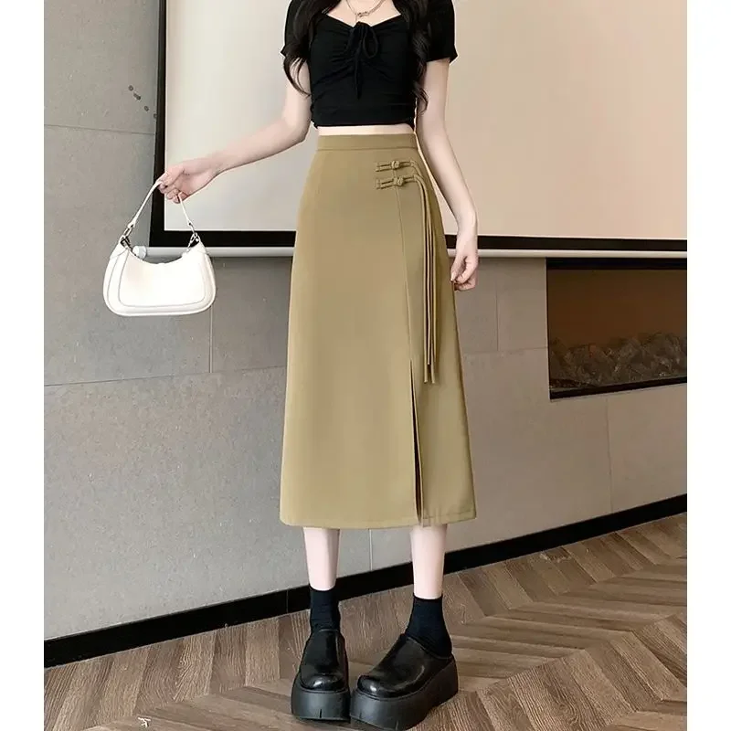 

Spring and Summer Women's Solid Color High Waist Loose Zipper Bag Hip A-Line Chinese Style Fashion Casual Commuter Skirt L424