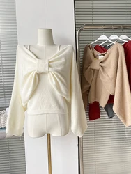 Autumn Winter Knitted Jumper Sweet Bow Gyaru Simple V-Neck Knitwear Sweater Simple Casual Thick Warm Solid Oversized Pullover