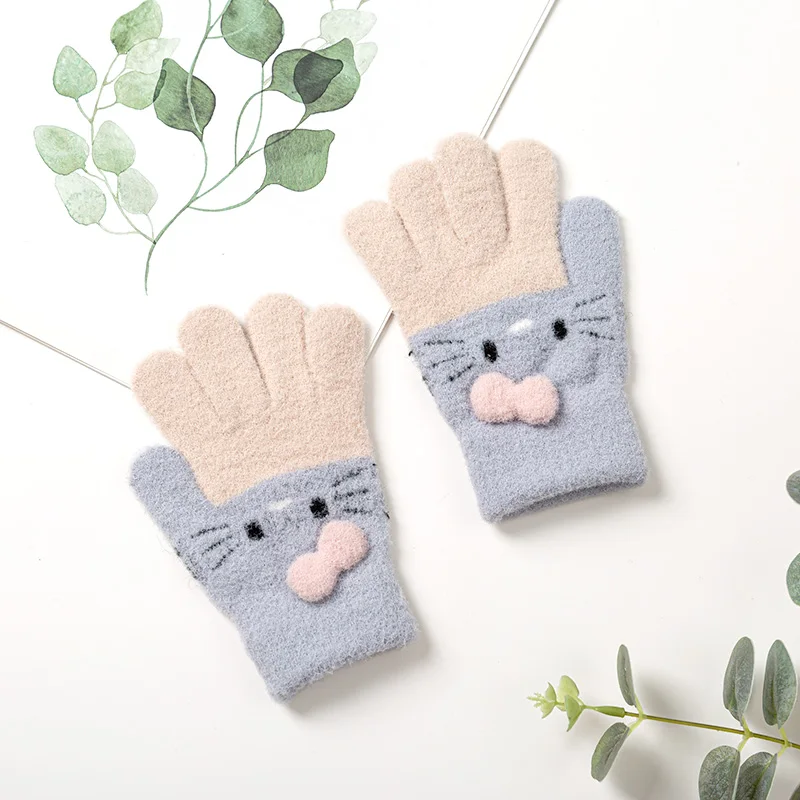 Winter Knitted Children\'s Gloves 3-10 Years Warm Soft Rabbit Wool Cartoons Kids Gloves Child Full Finger Baby Boys Girls Mittens