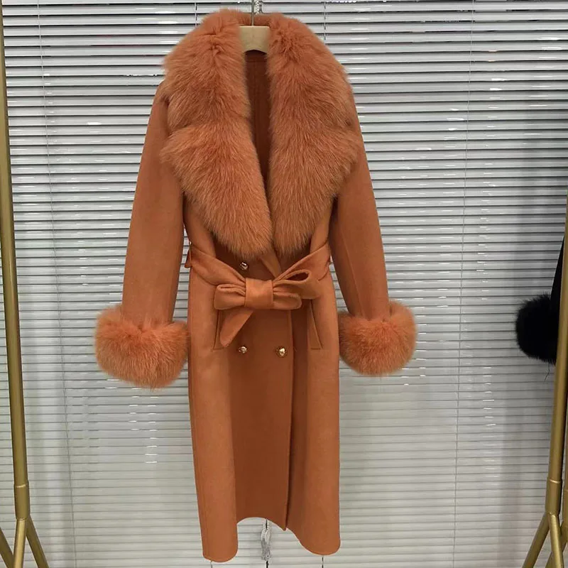 2024 Long Women Wool Cashmere Blended Coat with Big Real Fox Fur Collar Fashion Winter Jacket double breasted Belt Outwear Cuff