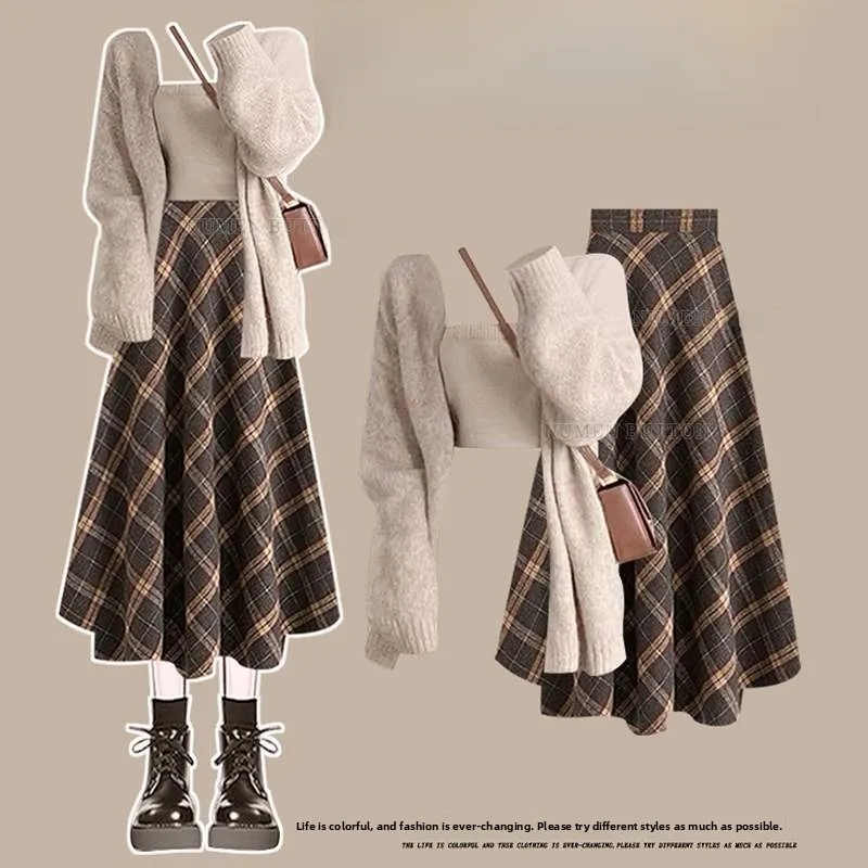 

plus Size Women's Autumn Mermaid Knitted Cardigan Set with Belted Plaid Skirt Long Sve Inner Tank Top Two-Piece Suit