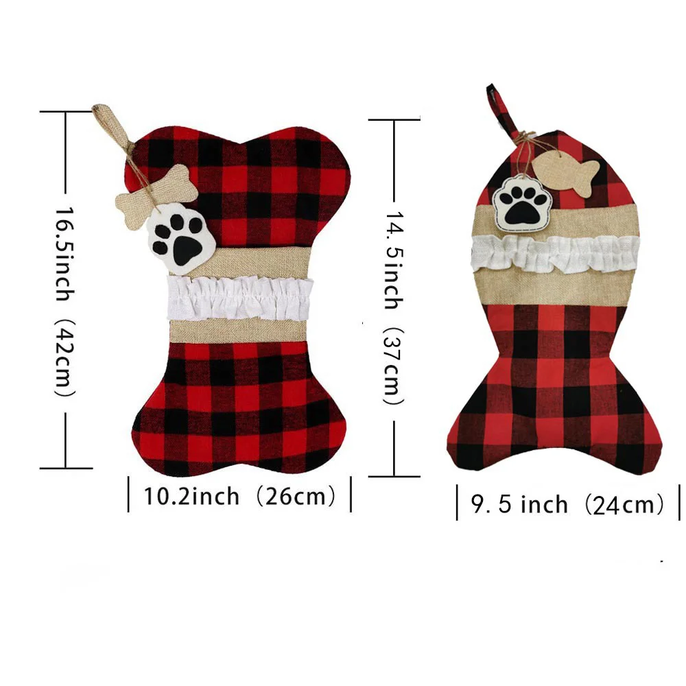 Plaid Christmas Stocking For Pet Buffalo Plaid Black And Red Checker Dog Bone Fish Shape For Puppy Kitty Cat With Bow - Image 6