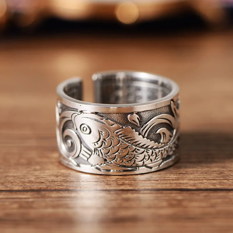 Animal Open Ring for Men and Women Lucky Carp Ring Engraved Mantra Amulet Inside