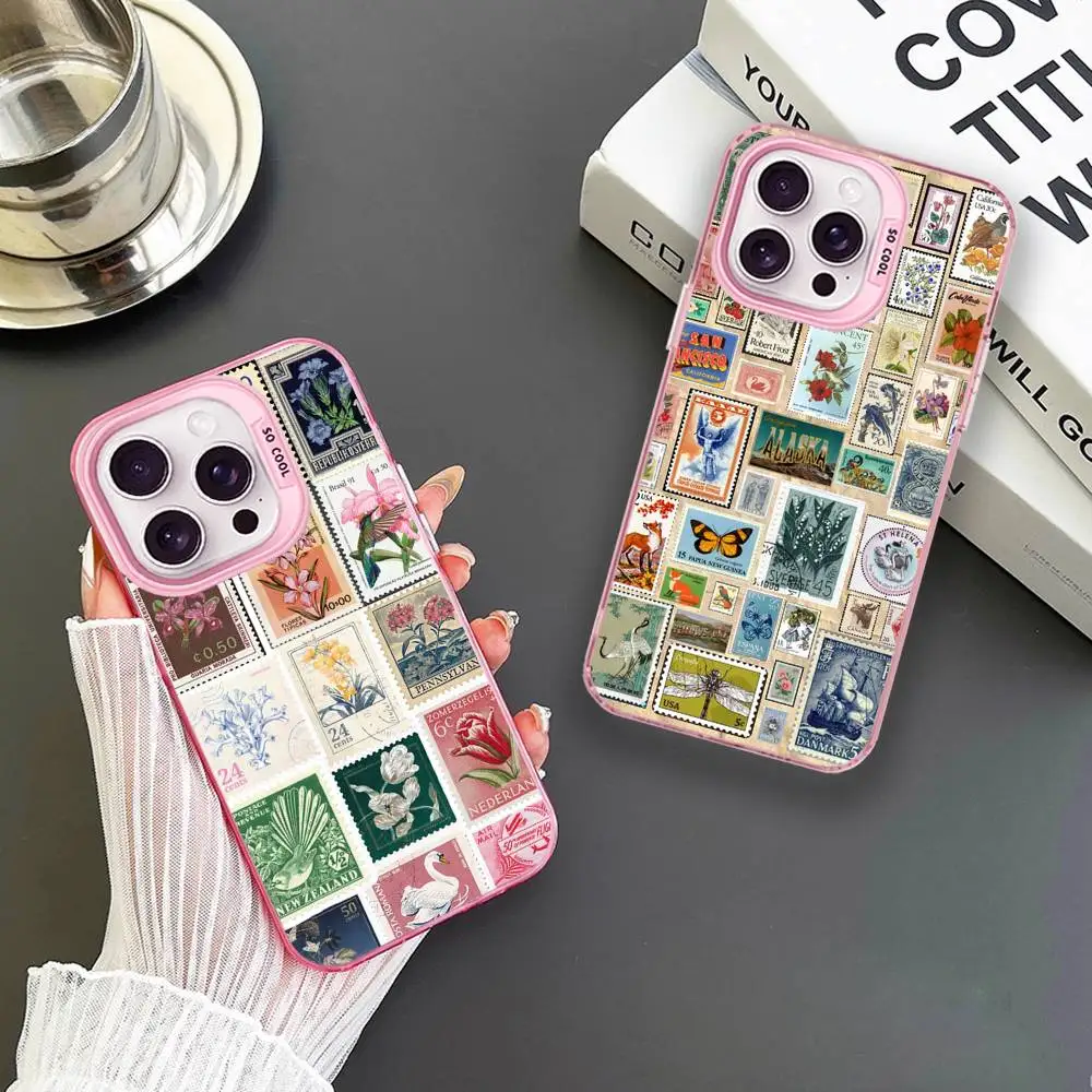 

Vintage Stamp Collection Phone Case For iPhone 16,15,14,13,12,11,Mini,Pro,MAX Pink Matte Shockproof Cover
