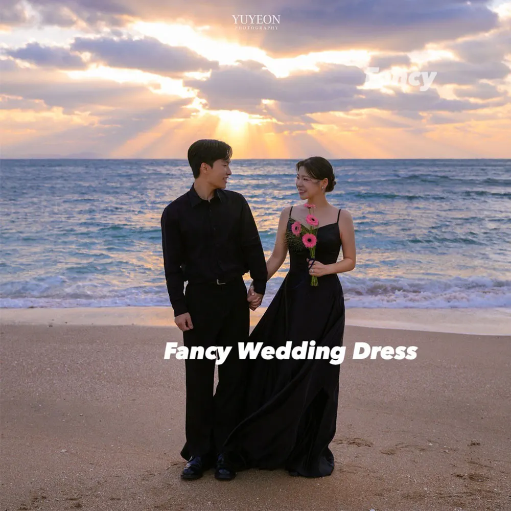 Fancy Simple Korea A Line Wedding Dress Photo Shoot Spaghetti Straps Soft Satin Prom Gown Back Corset Customized 웨딩드레