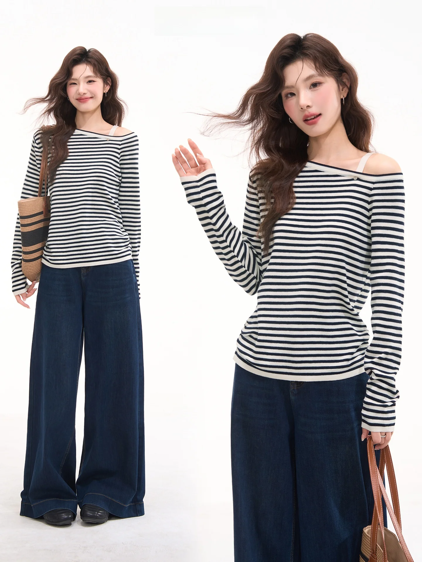 

Повседневный вязаный топ в полоску с длинным рукавом для женщин, свободный крой, в стиле кэжуал, для выходных, с принтом «Цветочное поле»