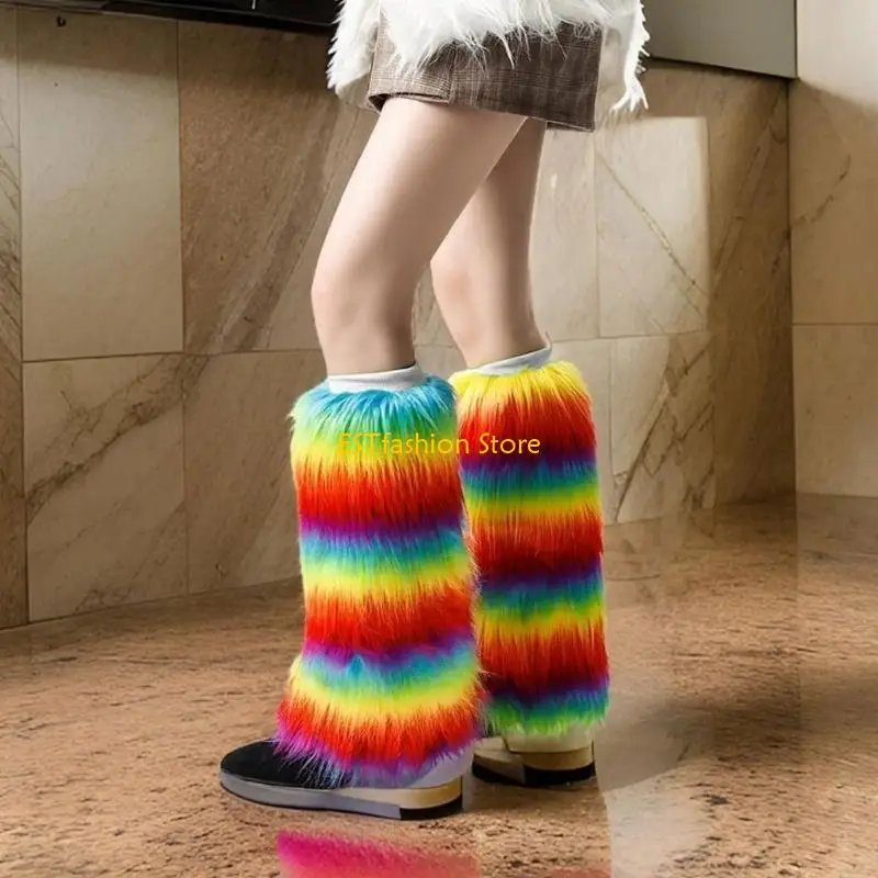 Y5gc Frauen Vintage Regenbogen farbenfrohe Plüsch Bein wärmere Fuzzy verdickte Toppers Manschetten Pelzige Bein Cover – Detail 1