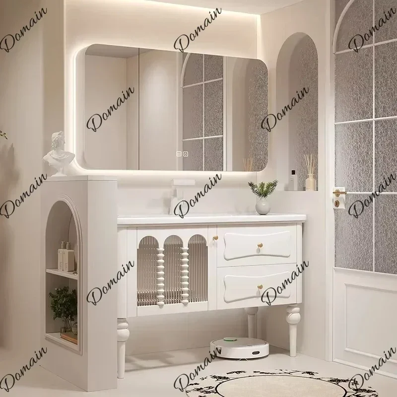 BXY French Cream Light Bathroom Cabinet Drawer Ceramic Fixed Mirrors Storage Organizer Wall Mounted Vanity Small Sink Mobile Ba