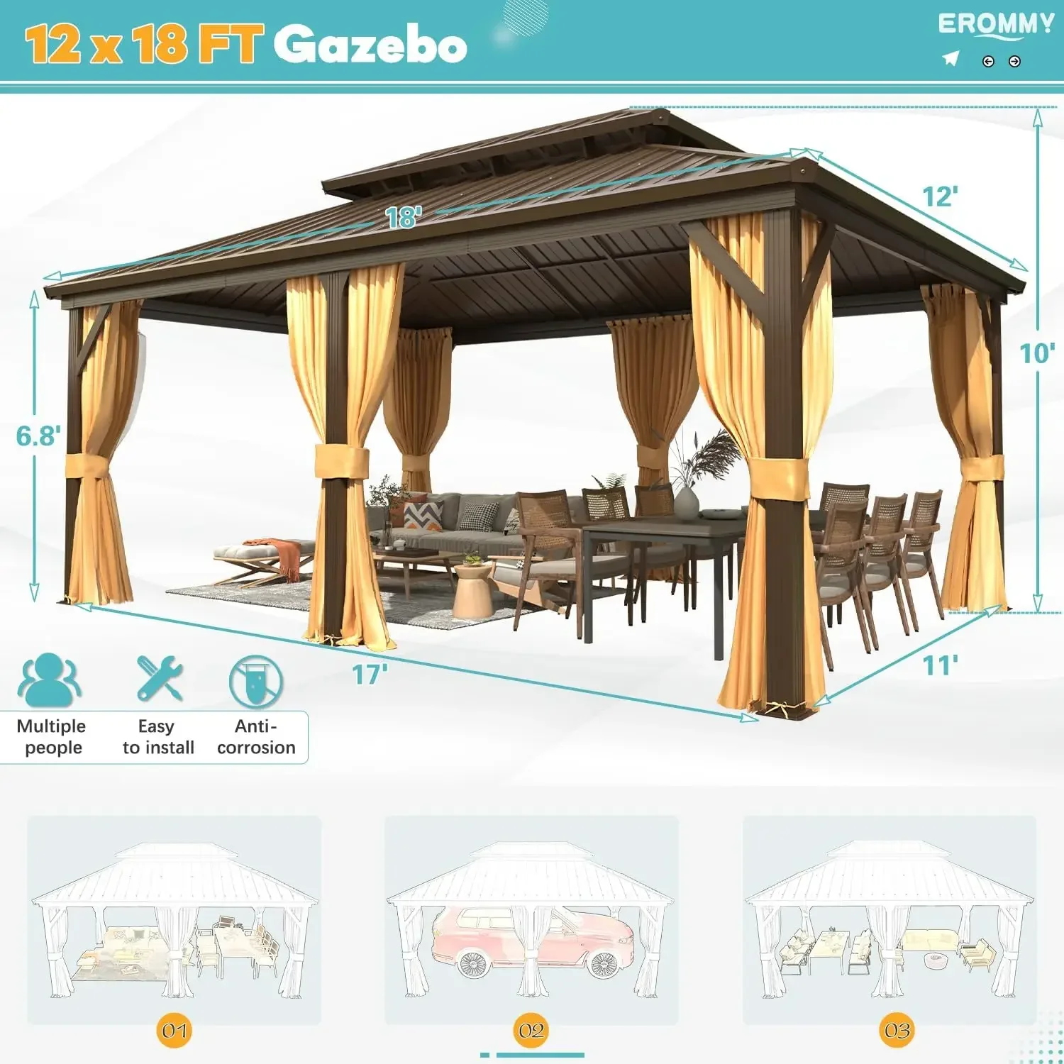 12' x 18' Hardtop Gazebo, Aluminum Frame Gazebos with Galvanized Steel Double Roof, Permanent Outdoor Metal Pavilion with Curtai