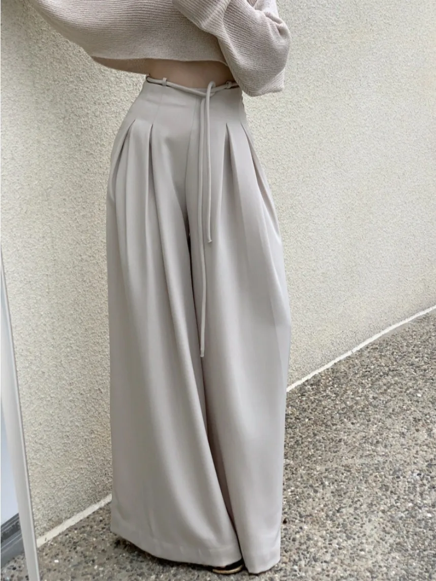 Pantaloni casual dal design Dstring a vita alta chic Pantaloni versatili lunghi fino al pavimento pieghettati per le giovani donne pendolari