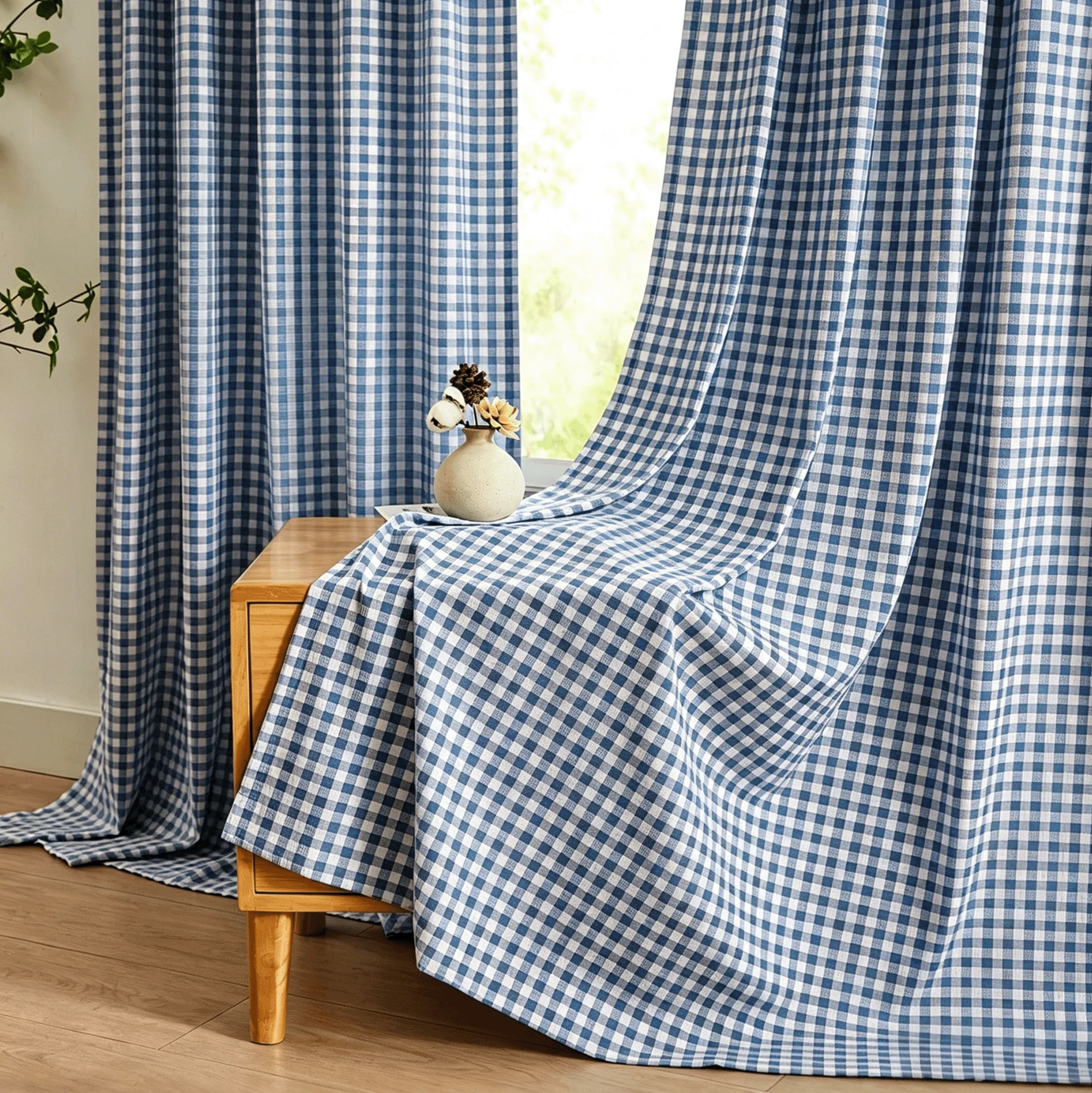 Retro Countryside Blue And White Checkered Lace Curtains Semi-light Blocking for Balcony Decoration