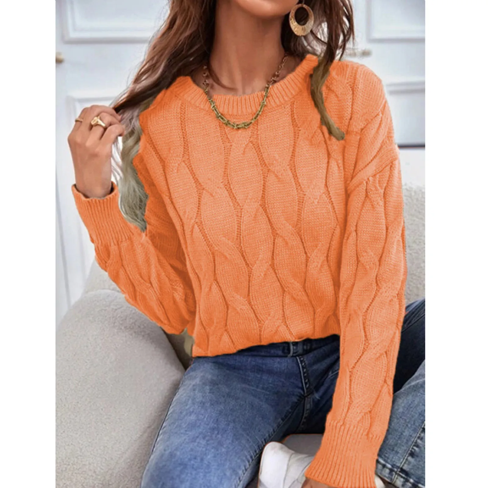 Women'S Solid Color Aesthetic Twist Pullover Sweater Crew Neck Long Sleeve Casual Slimming Sweater Fashion Trend Pullover